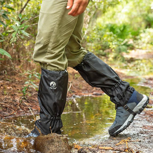 Hiker wearing Pike Trail leg gaiters on a trail