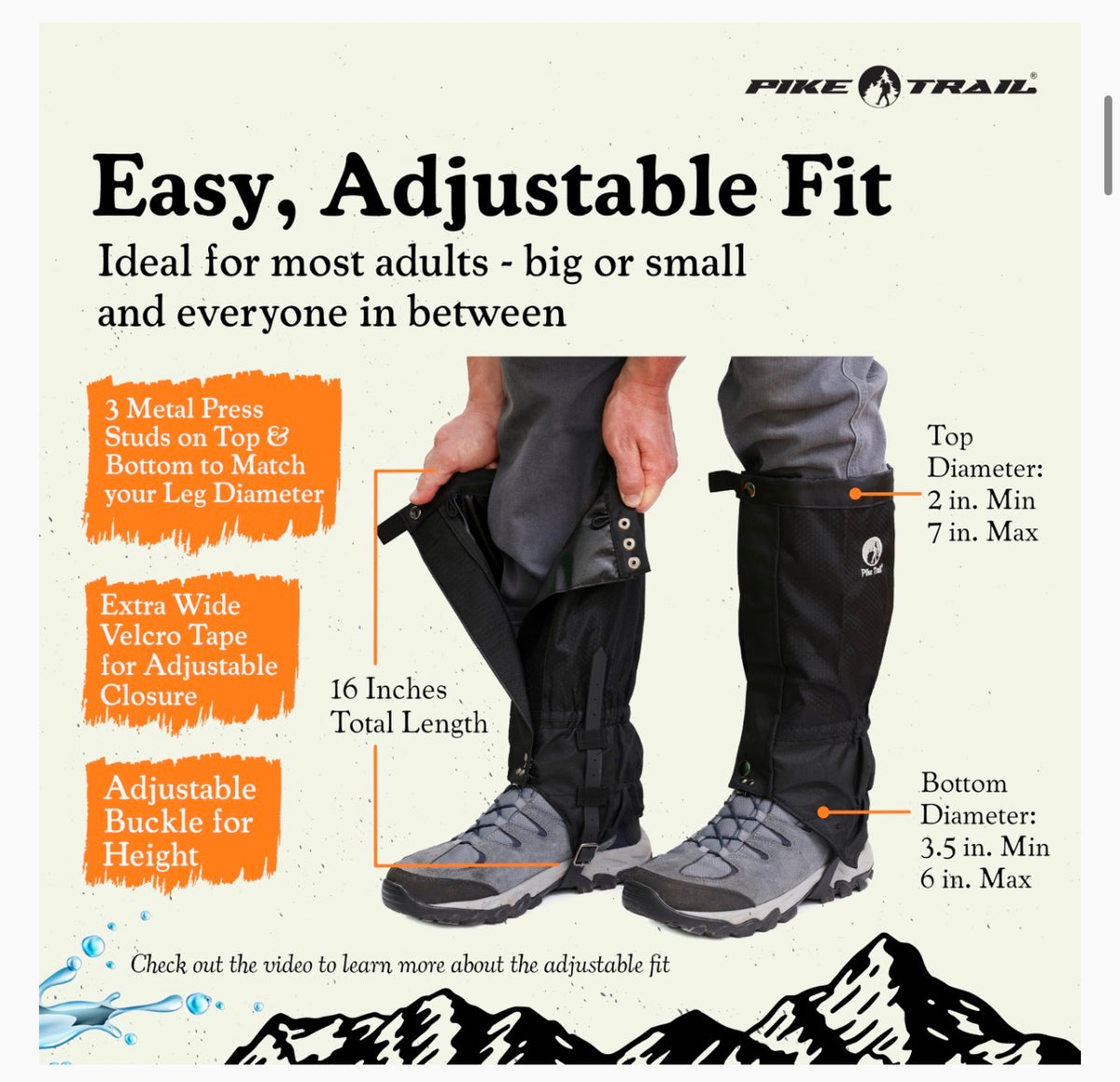 Black Pike Trail leg gaiters splashing through a muddy trail creek; Pike Trail is owned and operated in the United States