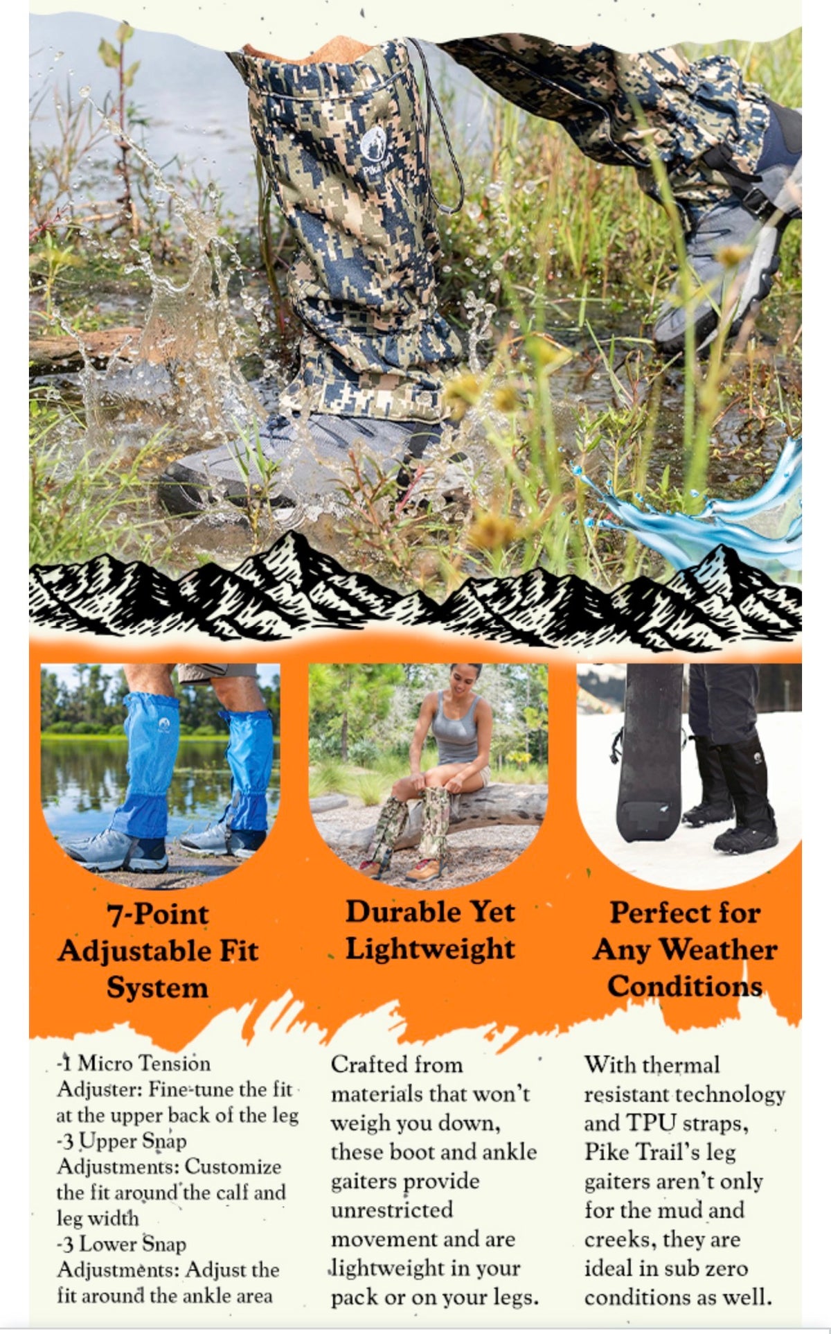 Hunter in camo wearing Pike Trail leg gaiters by a lake; waterproof, mud proof, bite proof and cactus proof gaiters