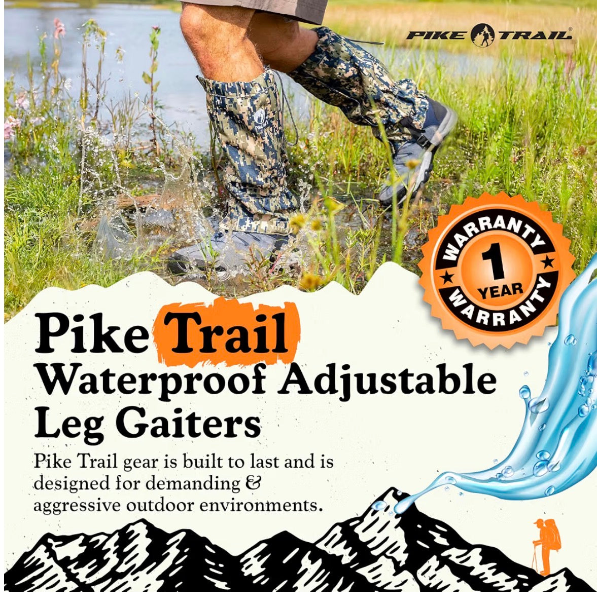 Digital camo Pike Trail waterproof adjustable leg gaiters splashing through wetland, with 1-year warranty