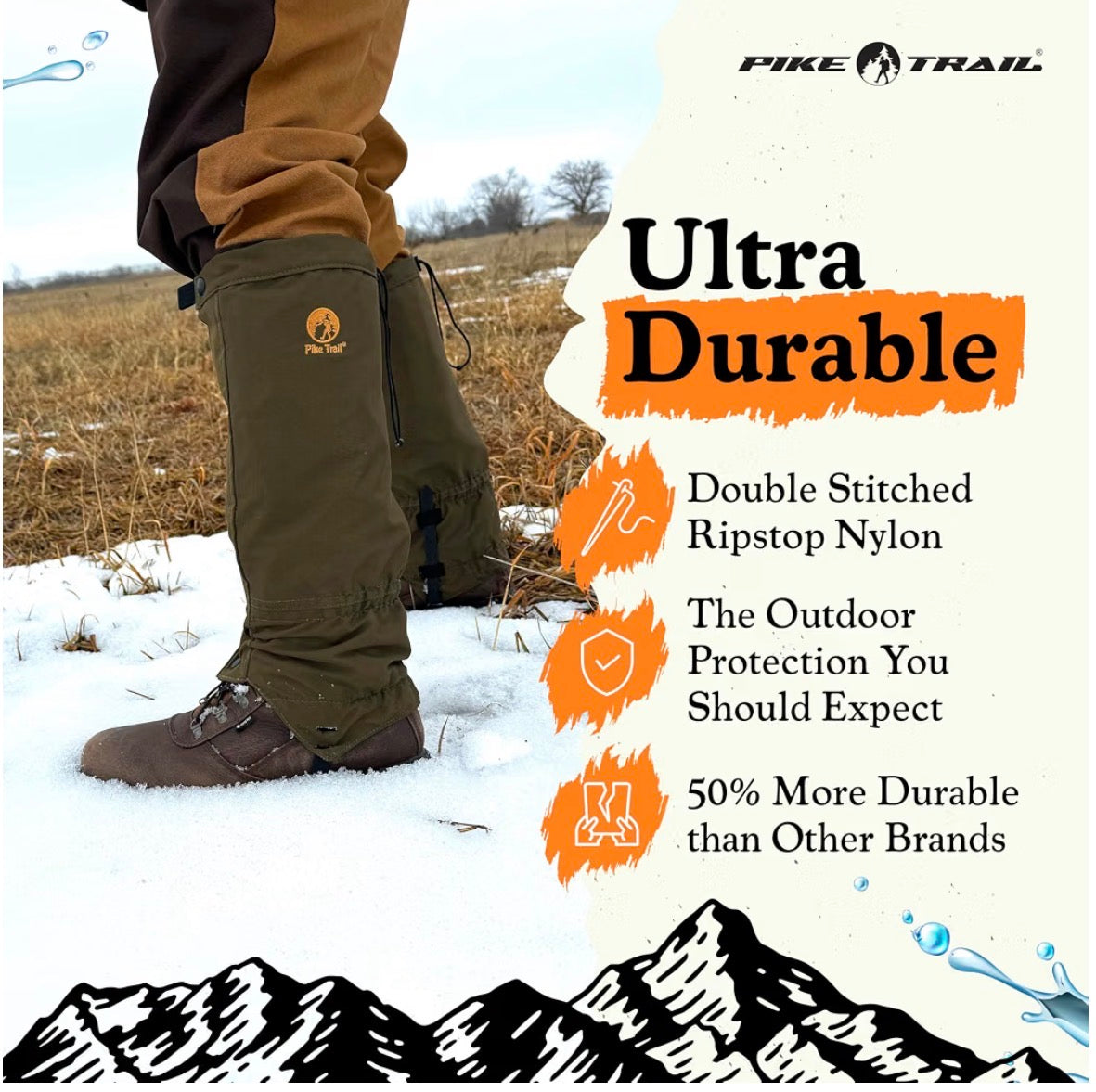 Pike Trail gaiters for snow, river crossings, mud, trails and outdoors, worn by a snowboarder, hikers and hunters