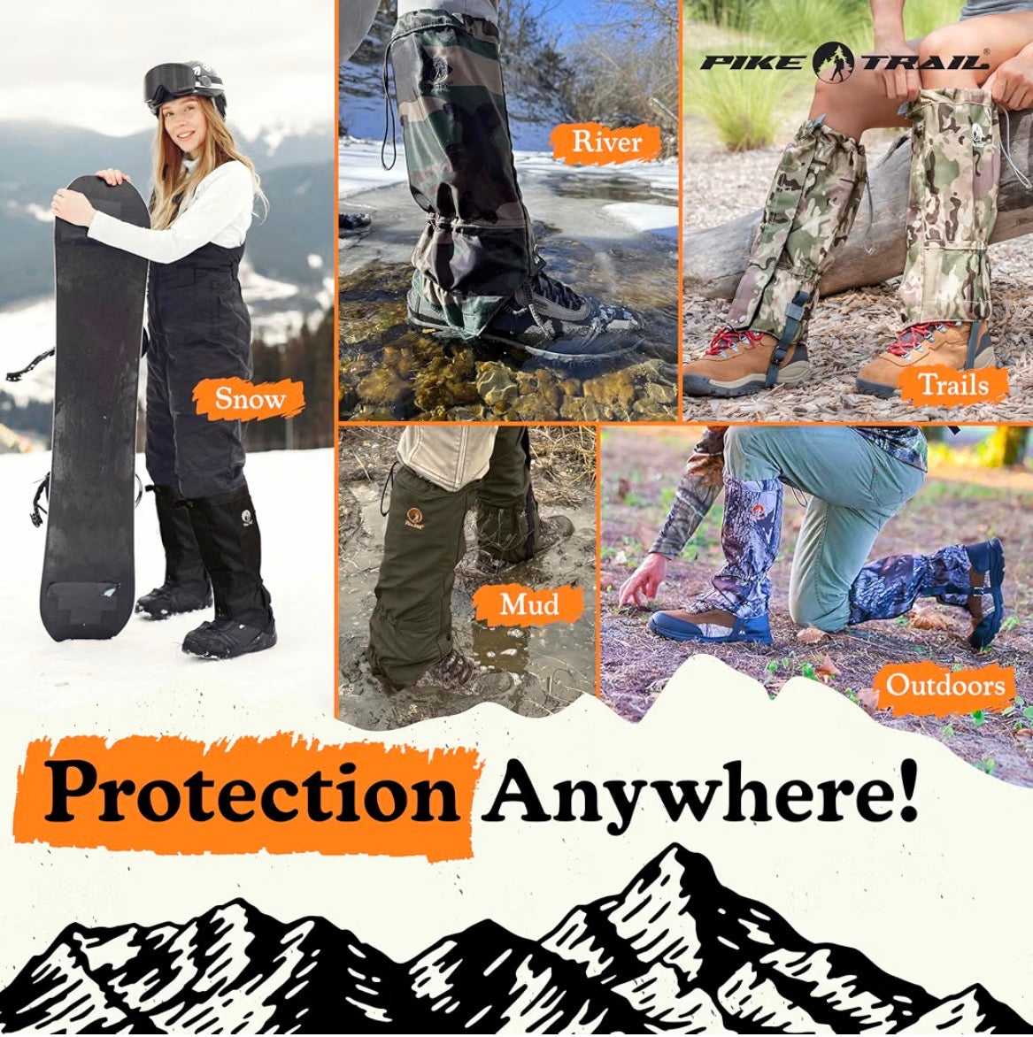 Olive drab Pike Trail leg gaiters in snow; ultra durable double stitched ripstop nylon