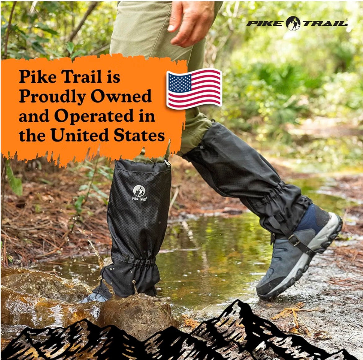 Pike Trail gaiter fit guide: 3 metal press studs top and bottom, extra-wide hook and loop closure, adjustable height buckle, 16 inch length