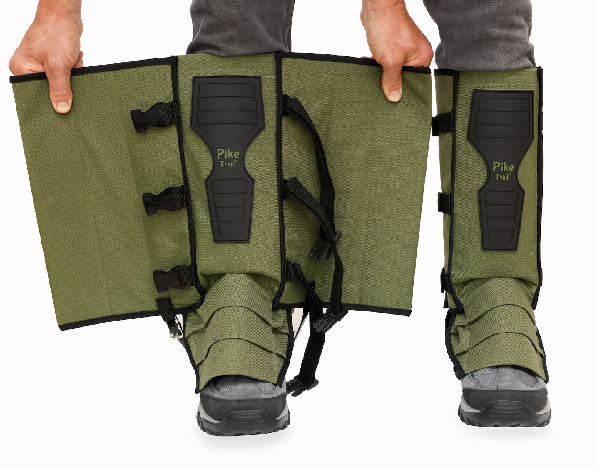 Pike Trail Snake Gaiters Leg Guards in olive green worn over hiking boots